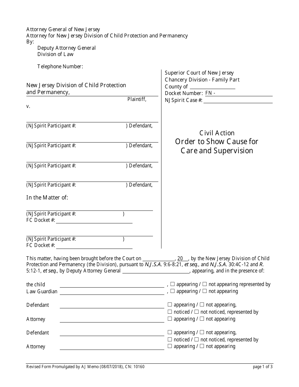 Form 10160 Order to Show Cause and to Appoint a Law Guardian With Care and Supervision - New Jersey, Page 1