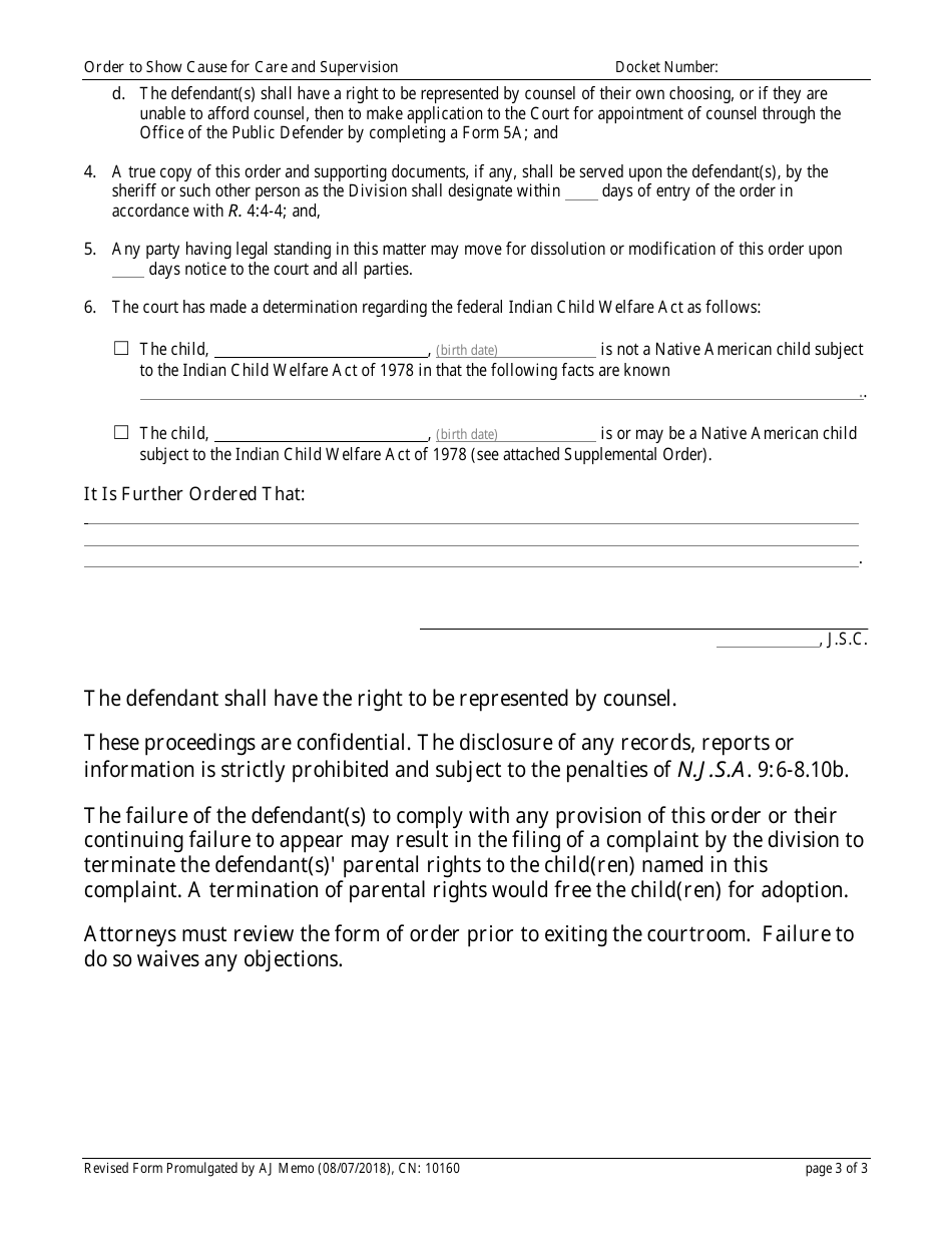 Form 10160 Order to Show Cause and to Appoint a Law Guardian With Care and Supervision - New Jersey, Page 3
