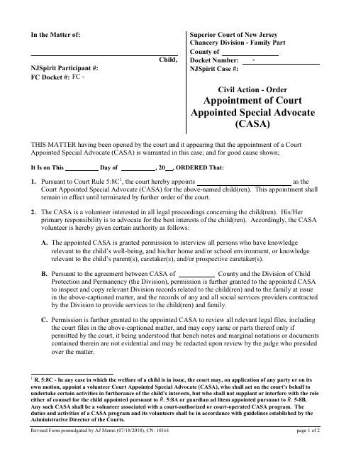 Form 10161 Appointment of Court Appointed Special Advocate (Casa) - Order - New Jersey