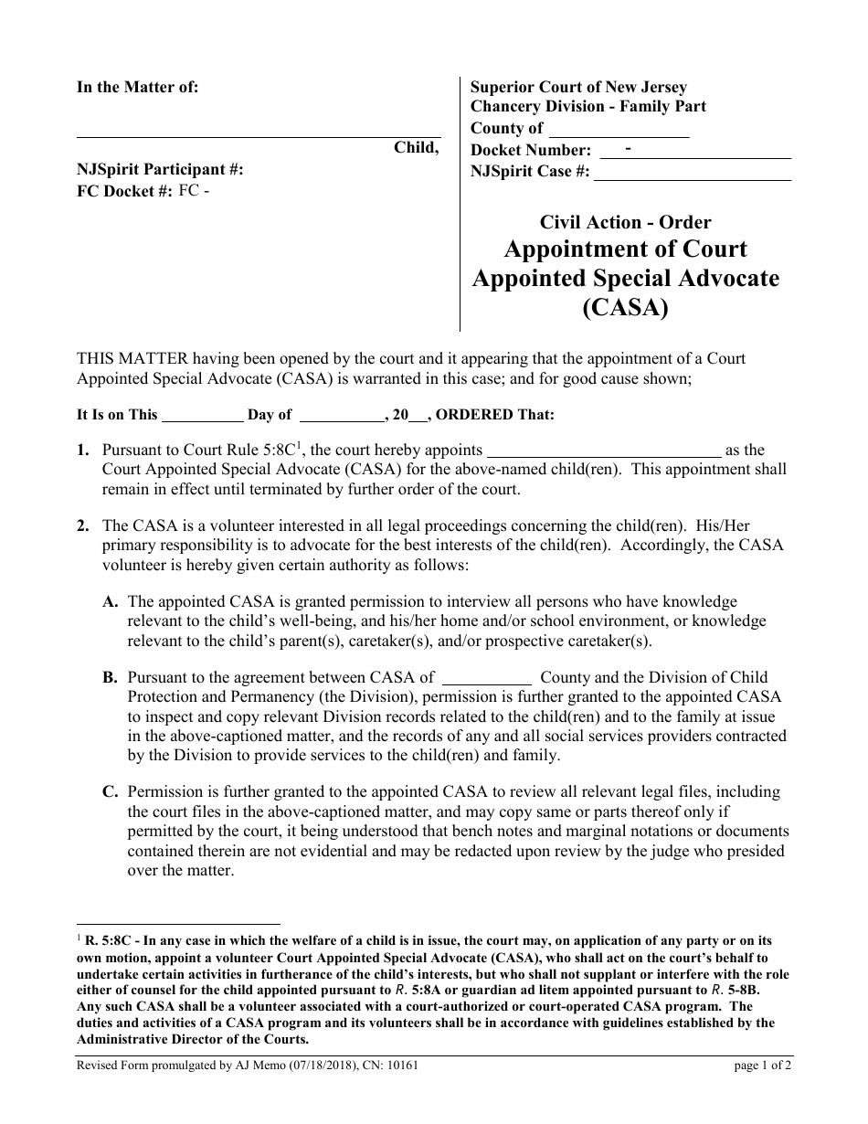 Form 10161 Appointment of Court Appointed Special Advocate (Casa) - Order - New Jersey, Page 1