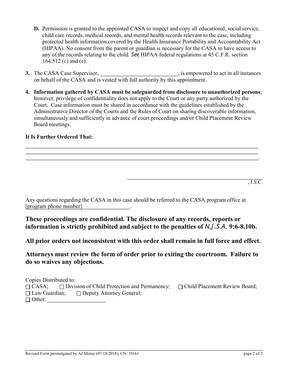 Form 10161 Appointment of Court Appointed Special Advocate (Casa) - Order - New Jersey, Page 2