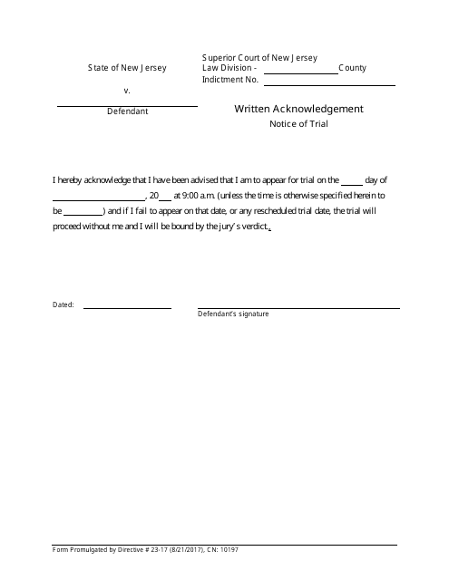 Form 10197 Written Acknowledgement - Notice of Trial - New Jersey