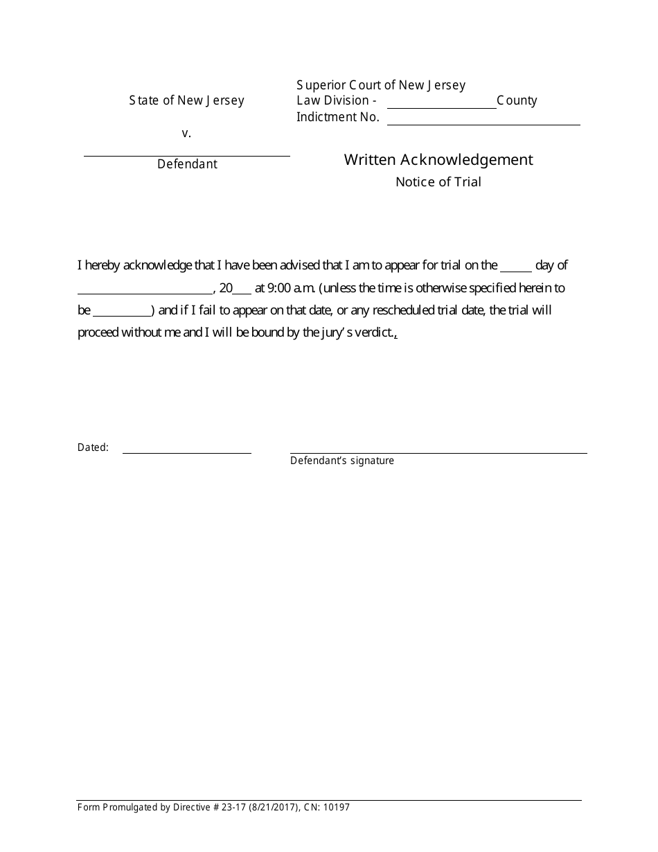 Form 10197 Written Acknowledgement - Notice of Trial - New Jersey, Page 1