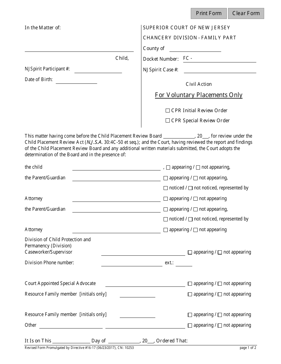 Form 10253 FC Initial Review Cpr Order / Special Review Order - New Jersey, Page 1