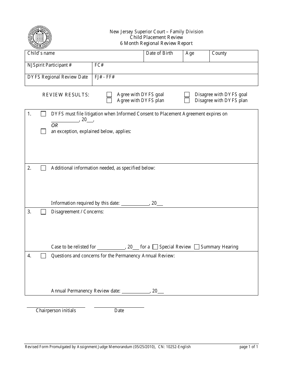 Form CN:10252 Child Placement Review - 6 Month Regional Review Report - New Jersey, Page 1