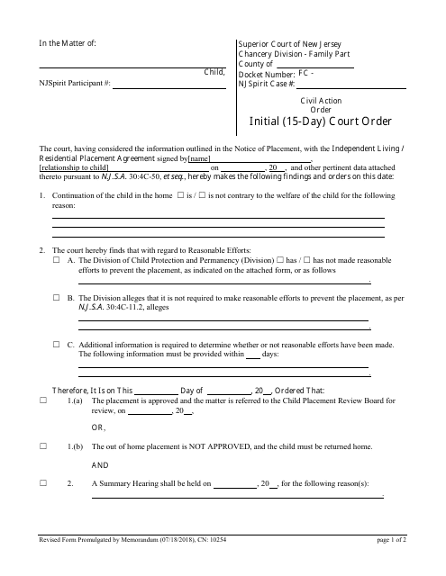 Form 10254 Initial (15-day) Court Order - New Jersey