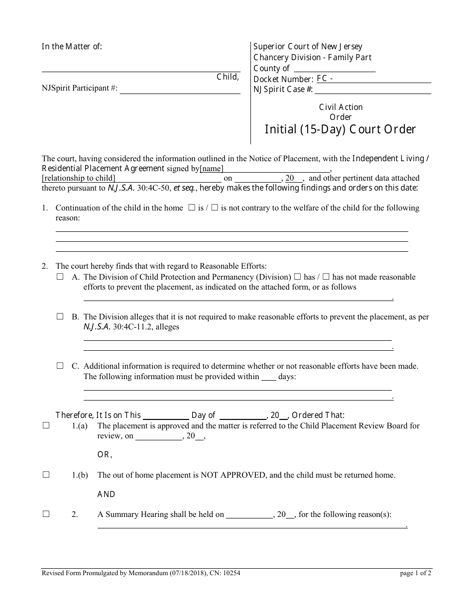Form 10254 Initial (15-day) Court Order - New Jersey, Page 1