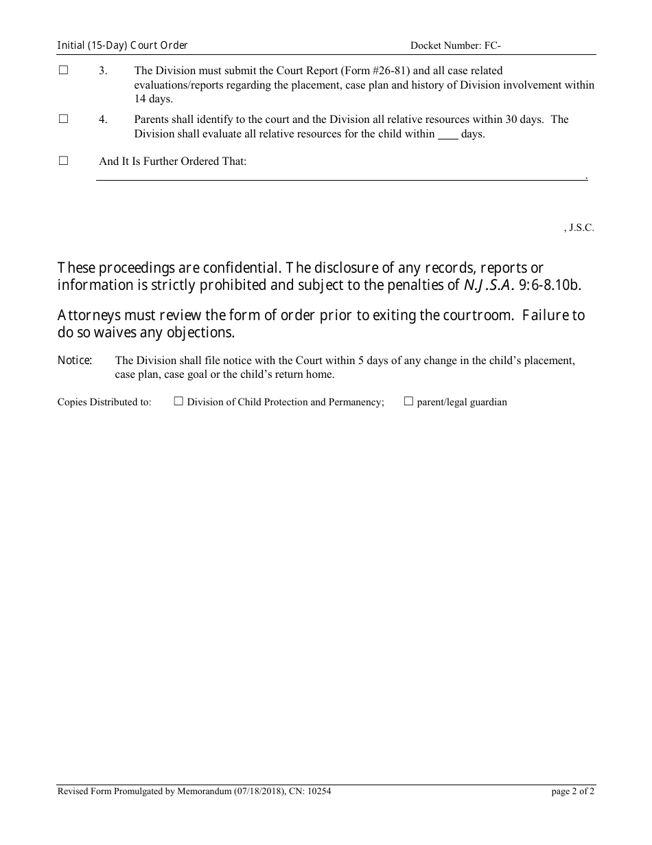 Form 10254 Initial (15-day) Court Order - New Jersey, Page 2