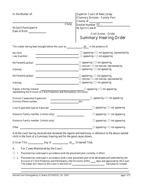 Form 10257 Summary Hearing Order - New Jersey