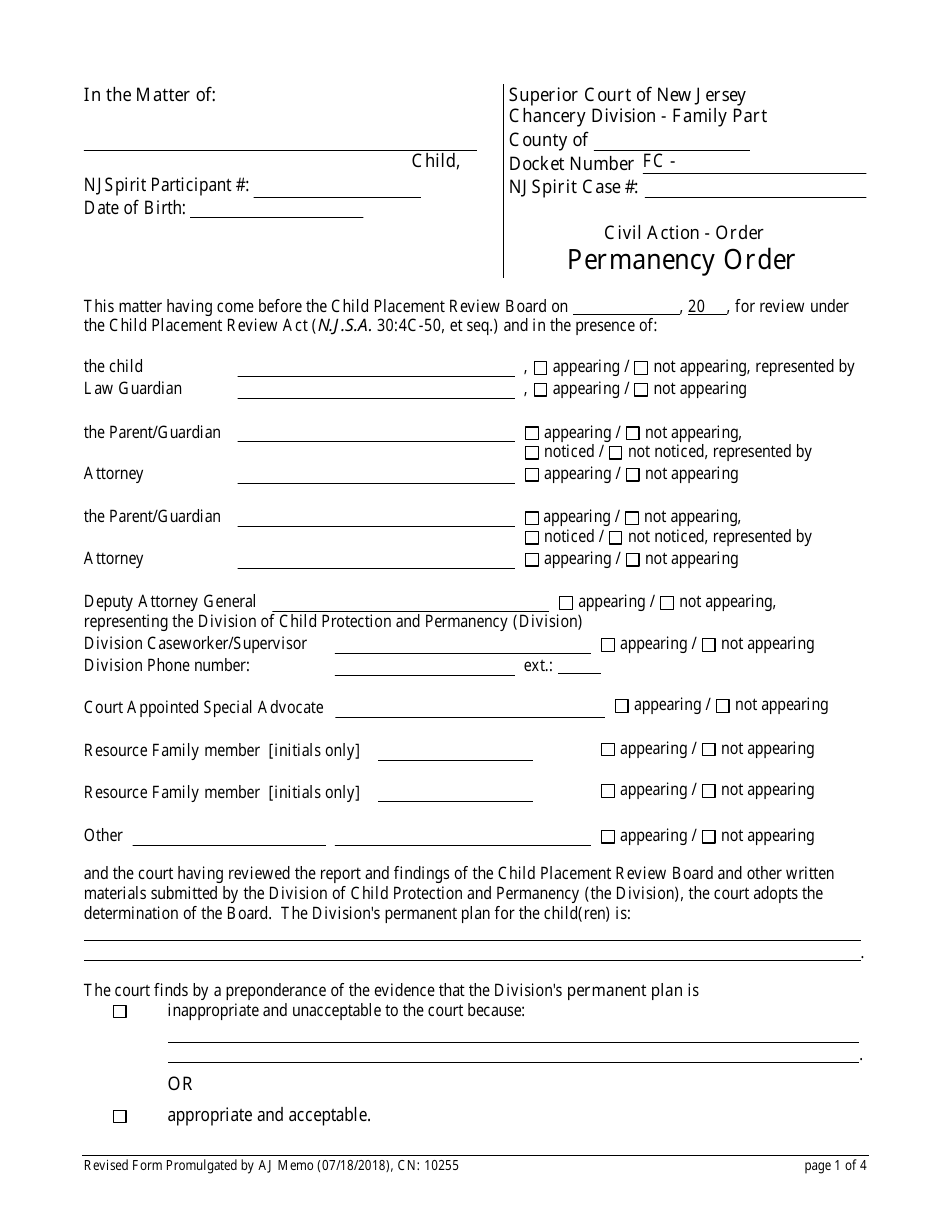 Form 10255 FC Permanency Order - New Jersey, Page 1