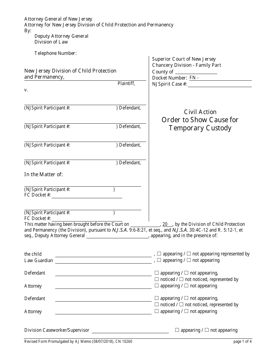 Form 10260 Order to Show Cause for Temporary Custody - New Jersey, Page 1