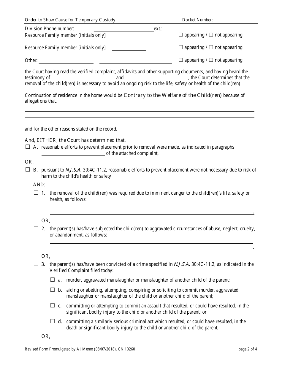 Form 10260 Order to Show Cause for Temporary Custody - New Jersey, Page 2