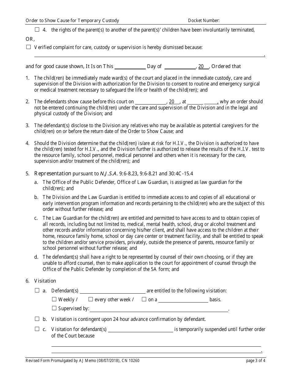 Form 10260 Order to Show Cause for Temporary Custody - New Jersey, Page 3