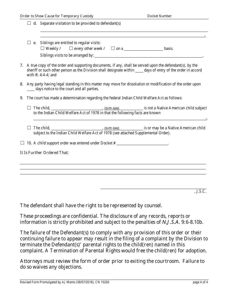 Form 10260 Order to Show Cause for Temporary Custody - New Jersey, Page 4