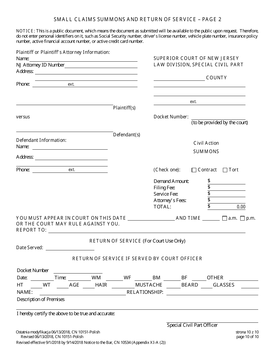 Form 10151 Small Claims Complaint (Contract, Security Deposit, Rent, or Tort) - New Jersey (English / Polish), Page 10