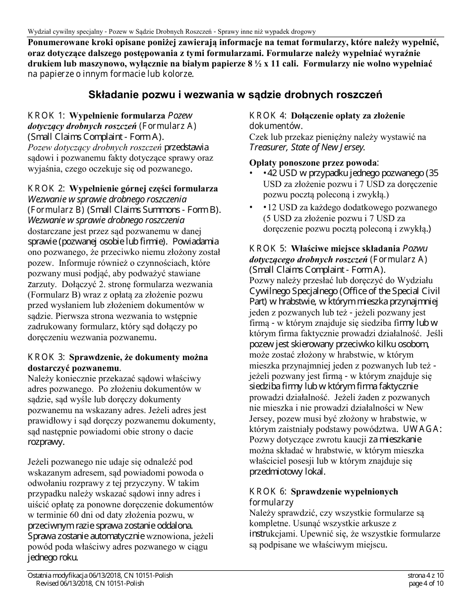 Form 10151 Small Claims Complaint (Contract, Security Deposit, Rent, or Tort) - New Jersey (English / Polish), Page 4