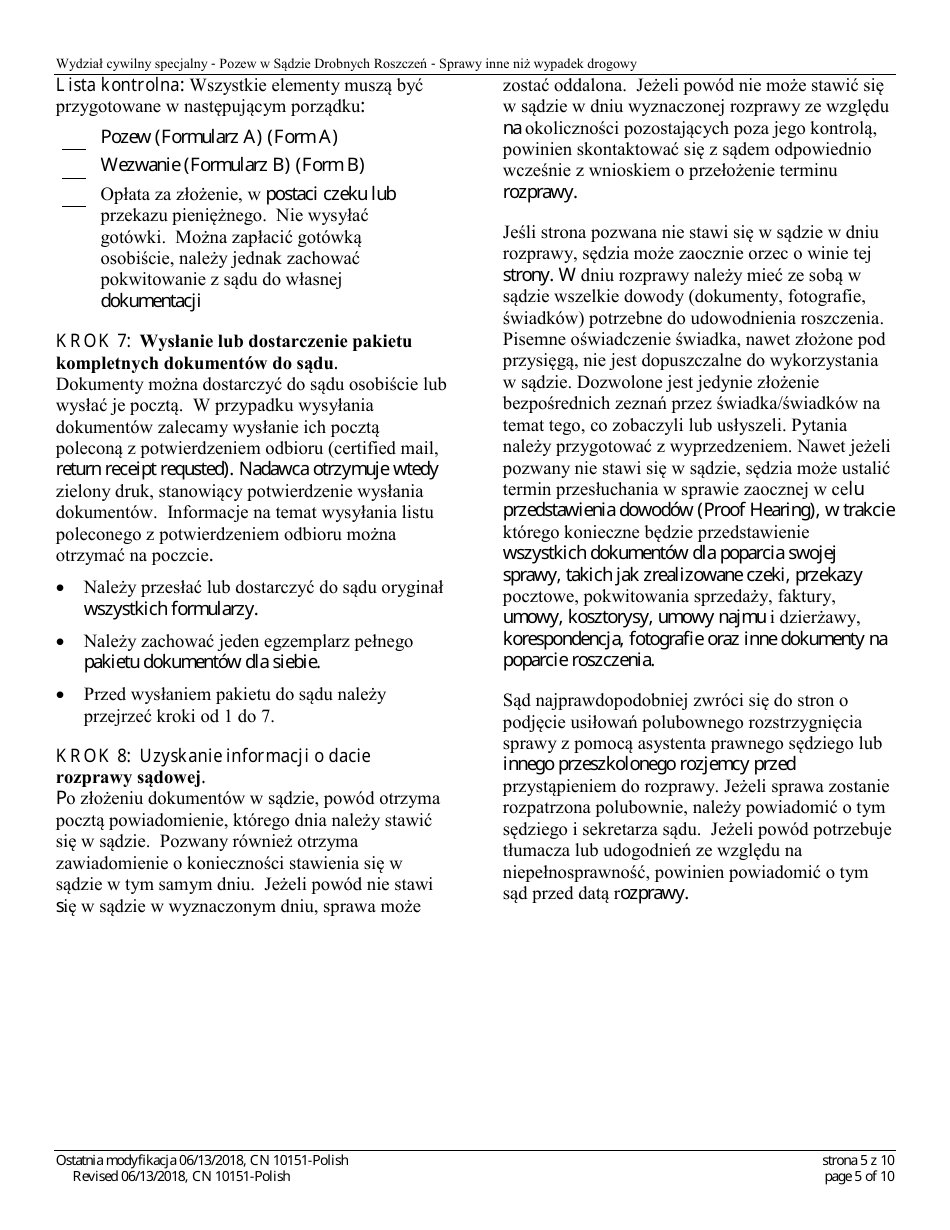 Form 10151 Small Claims Complaint (Contract, Security Deposit, Rent, or Tort) - New Jersey (English / Polish), Page 5