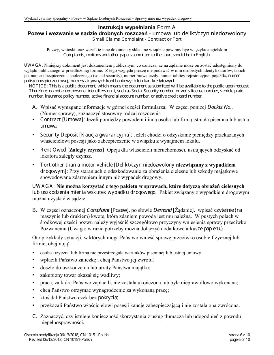 Form 10151 Small Claims Complaint (Contract, Security Deposit, Rent, or Tort) - New Jersey (English / Polish), Page 6