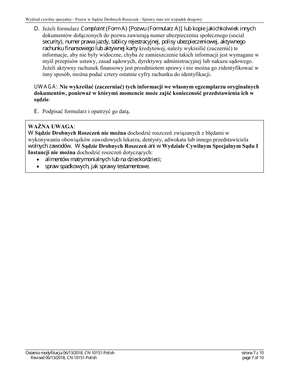 Form 10151 Small Claims Complaint (Contract, Security Deposit, Rent, or Tort) - New Jersey (English / Polish), Page 7