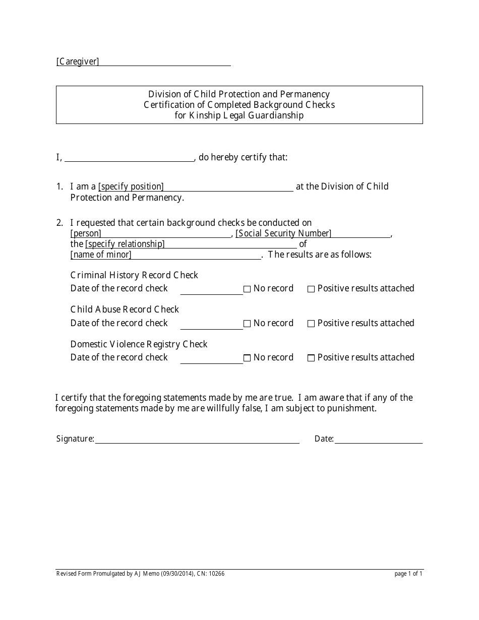 Form CN:10266 Certification of Completed Background Checks for Kinship Legal Guardianship - New Jersey, Page 1