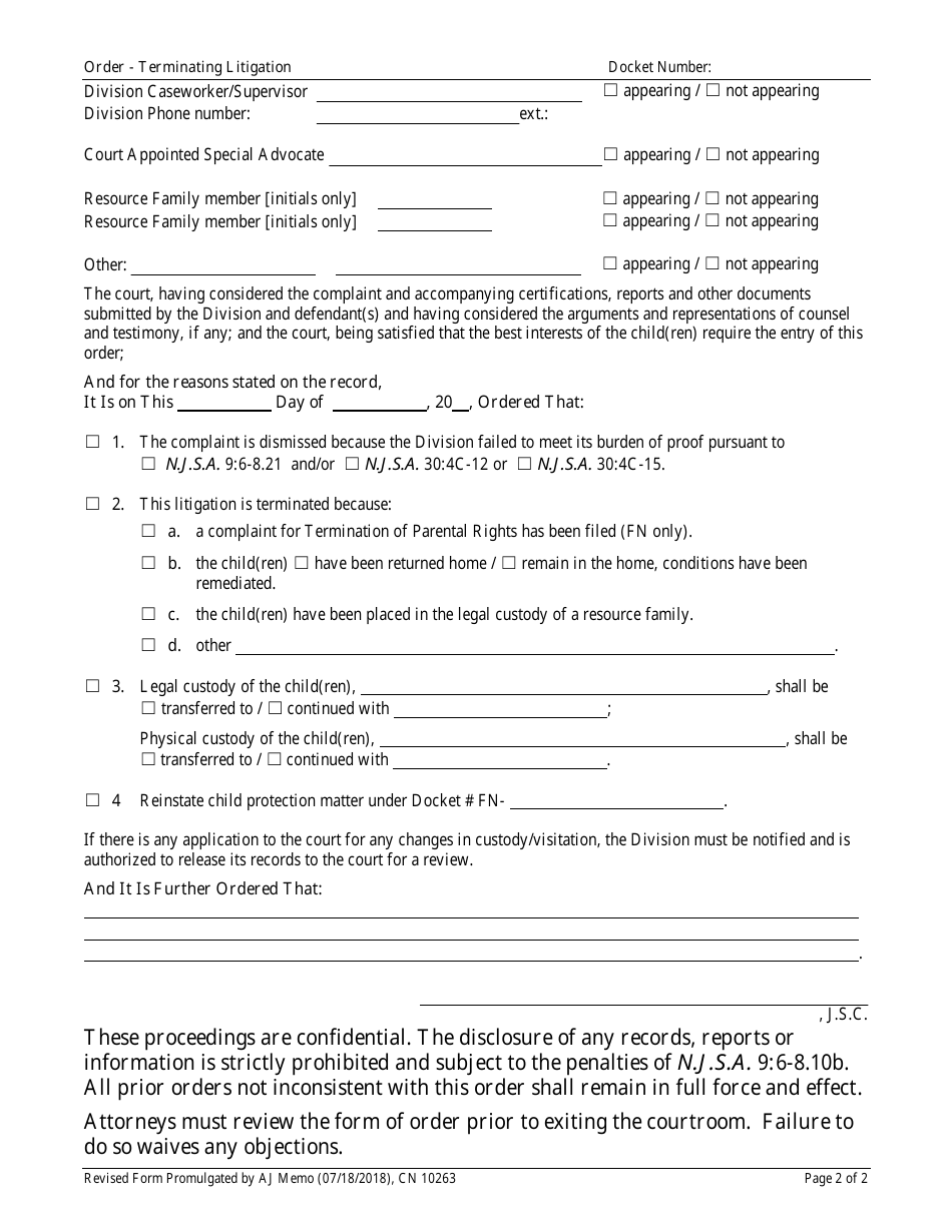 Form 10263 Order - Termination Litigation - New Jersey, Page 2
