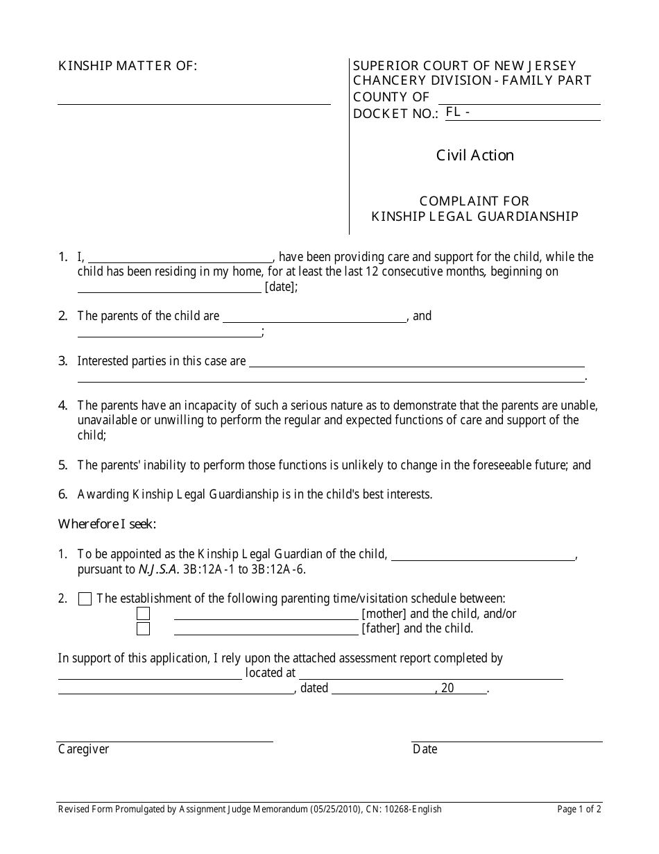 Form 10268 Complaint for Kinship Legal Guardianship - New Jersey, Page 1