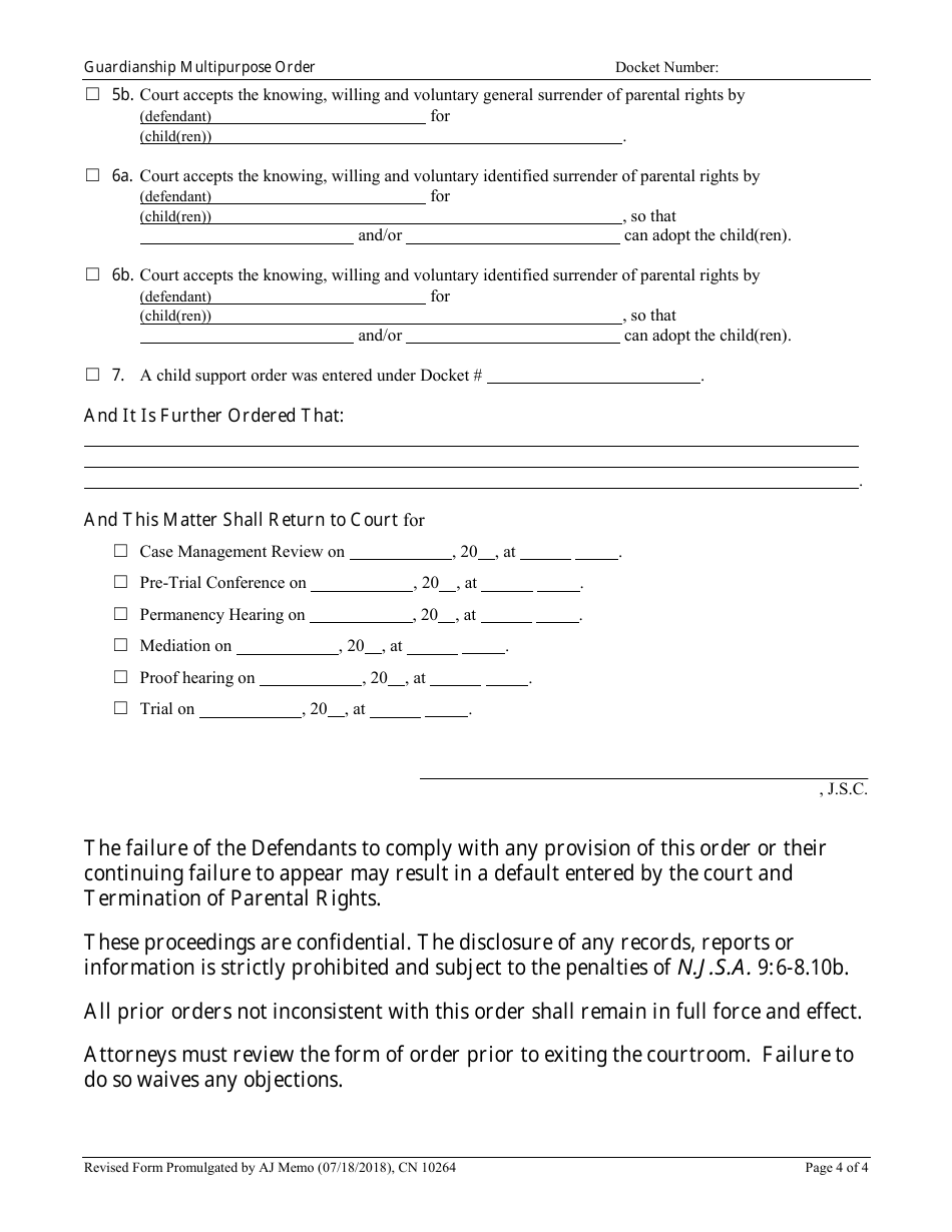 Form 10264 Guardianship Multipurpose Order - New Jersey, Page 4