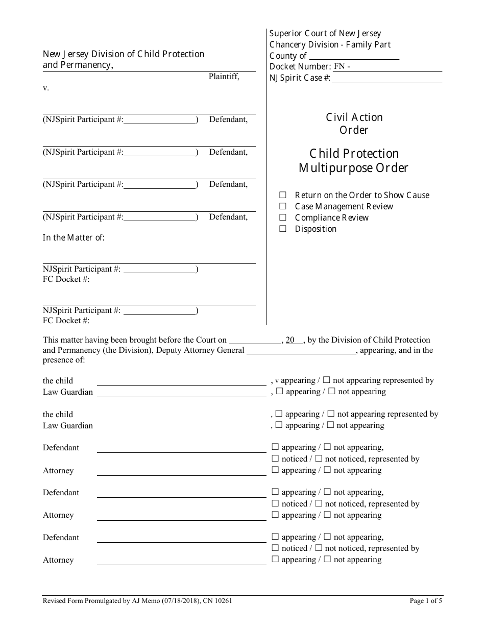 Form 10261 Child Protection Multipurpose Order - New Jersey, Page 1