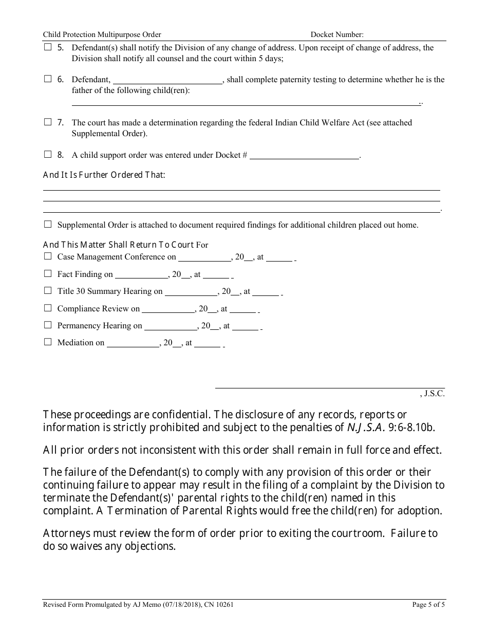 Form 10261 Child Protection Multipurpose Order - New Jersey, Page 5