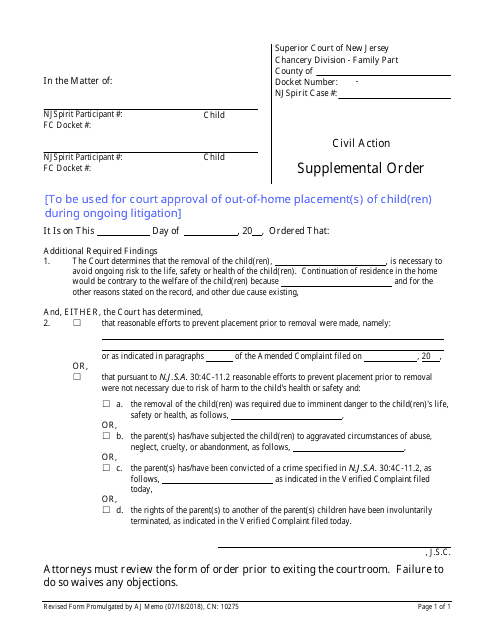 Form CN:10275 Supplemental Order - New Jersey