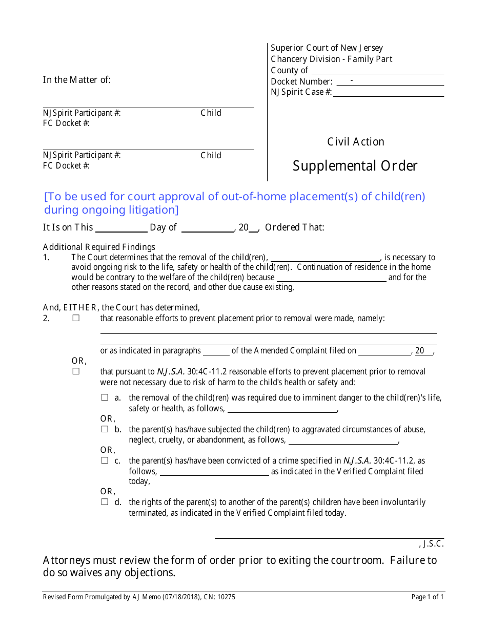 Form CN:10275 Supplemental Order - New Jersey, Page 1