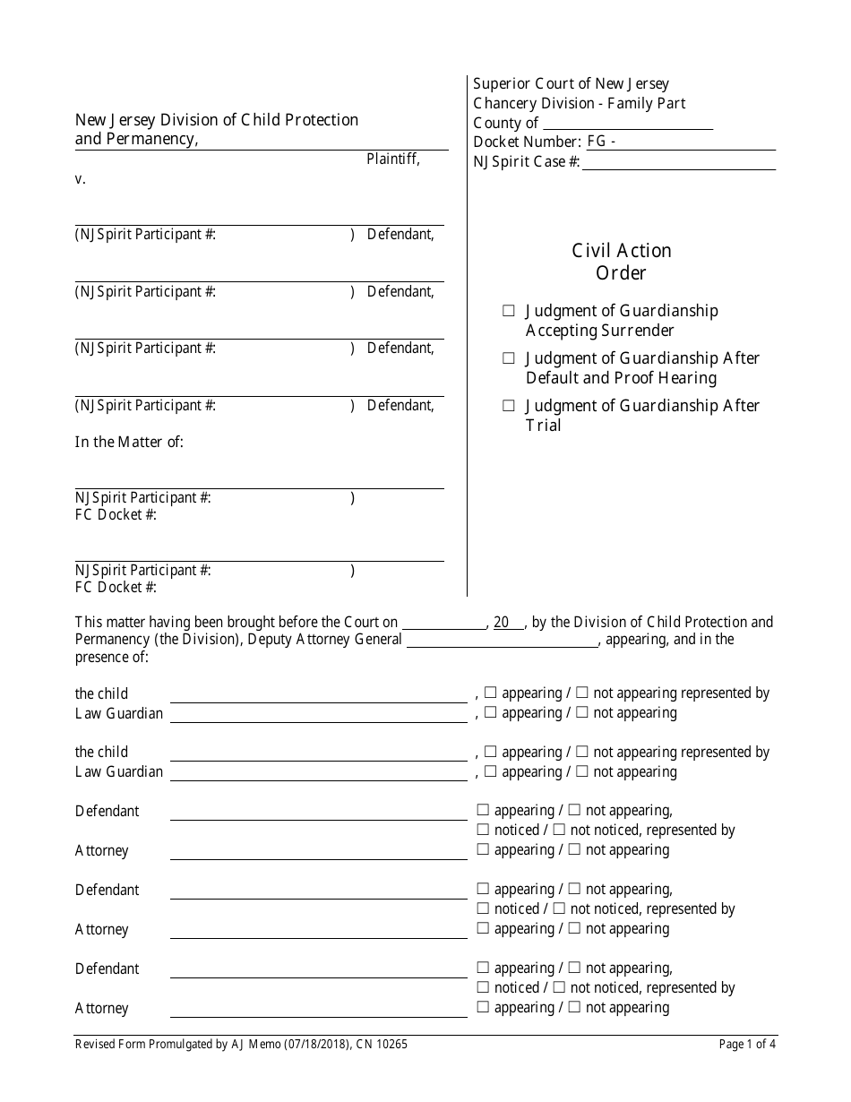 Form 10265 Judgment of Guardianship  Order - New Jersey, Page 1