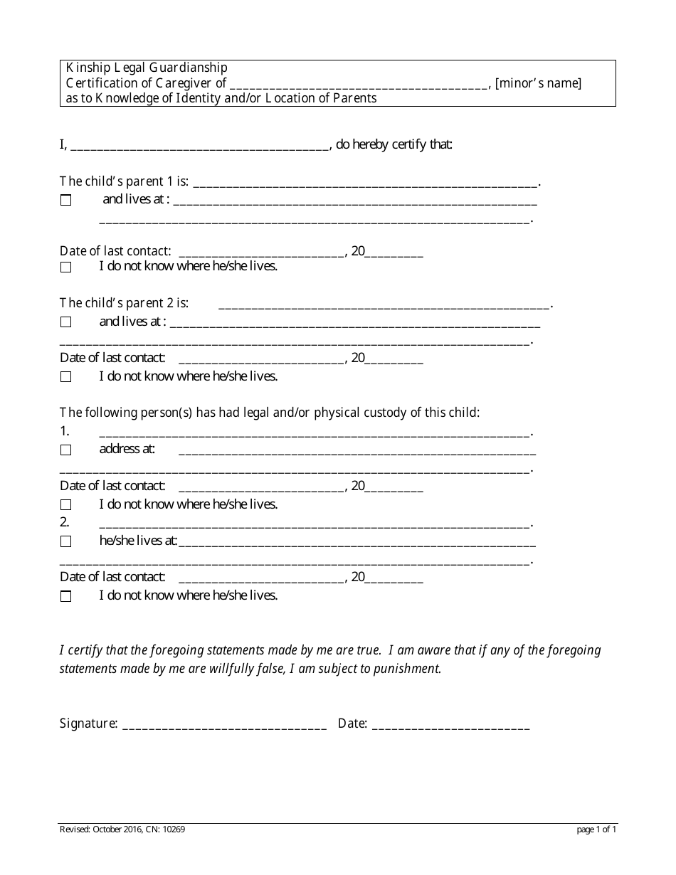 Form CN:10269 Certification of Caregiver as to Knowledge of Identity and / or Location of Parents - New Jersey, Page 1