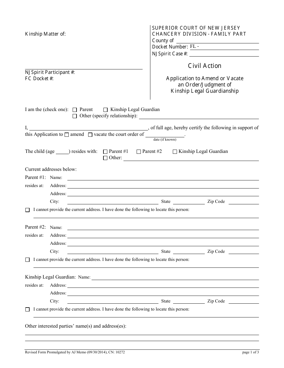 Form CN:10272 Application to Amend or Vacate an Order / Judgment of Kinship Legal Guardianship - New Jersey, Page 1