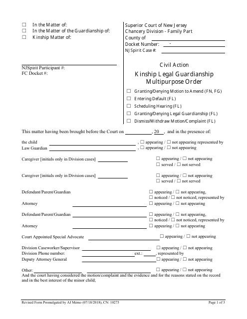 Form CN:10273 Kinship Legal Guardianship Multipurpose Order - New Jersey
