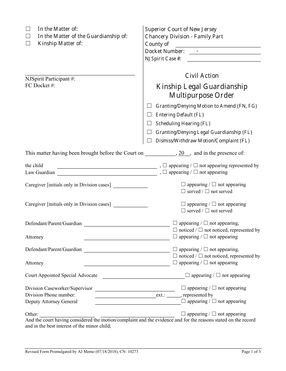 Form CN:10273 Kinship Legal Guardianship Multipurpose Order - New Jersey, Page 1