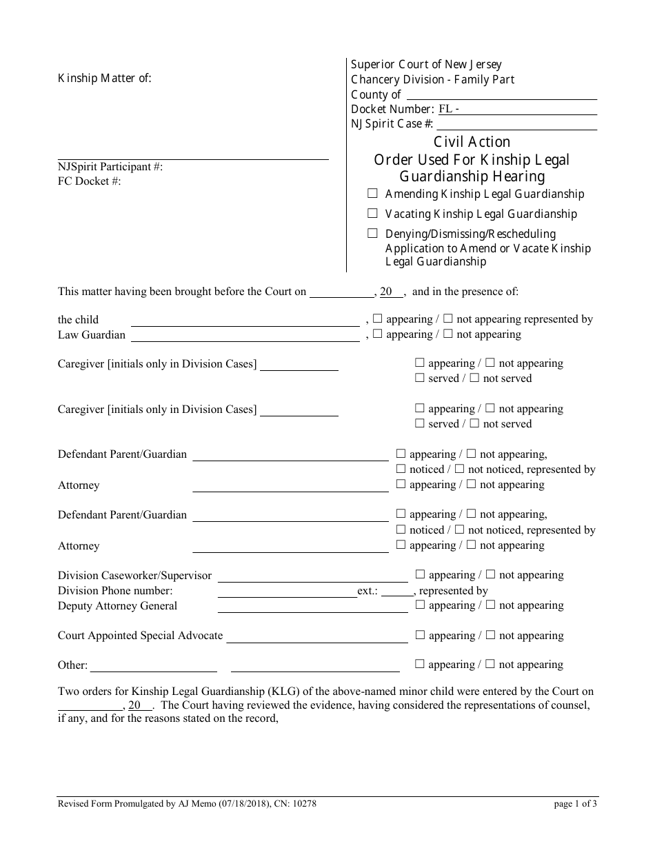 Form CN:10278 Order Used for Kinship Legal Guardianship Hearing - New Jersey, Page 1