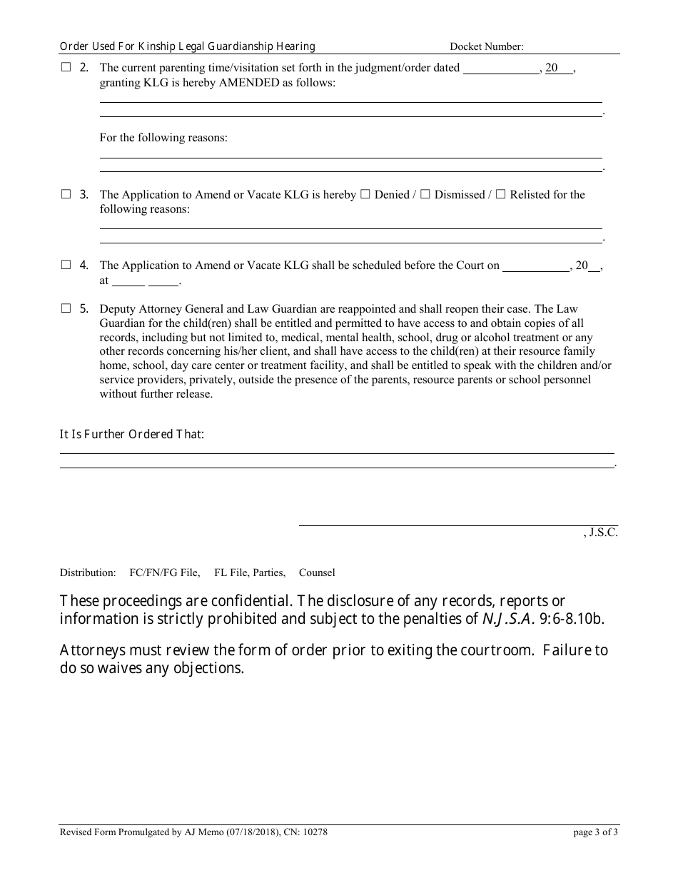 Form CN:10278 Order Used for Kinship Legal Guardianship Hearing - New Jersey, Page 3