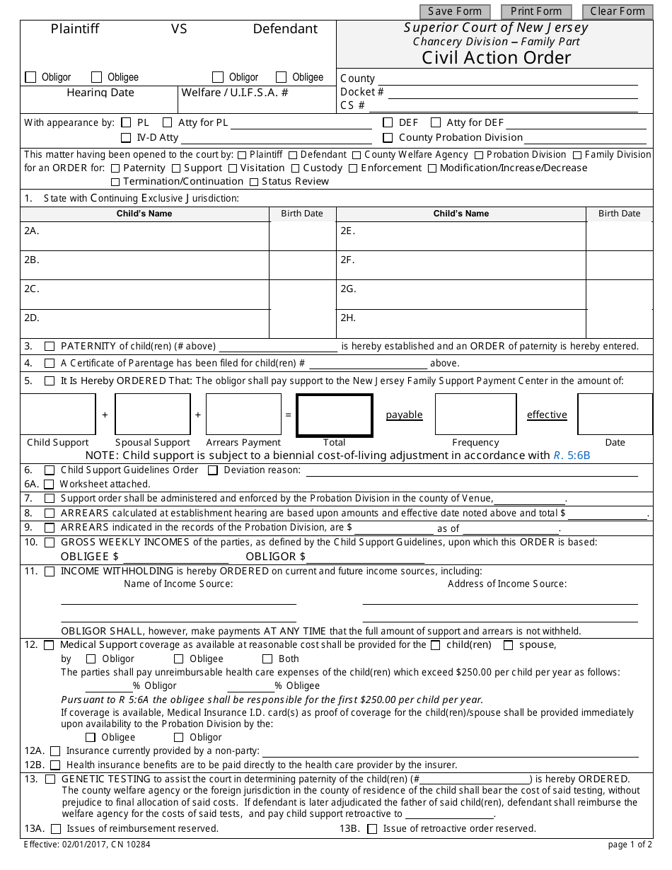 Form 10284 Uniform Summary Support Order (Usso) - New Jersey, Page 1
