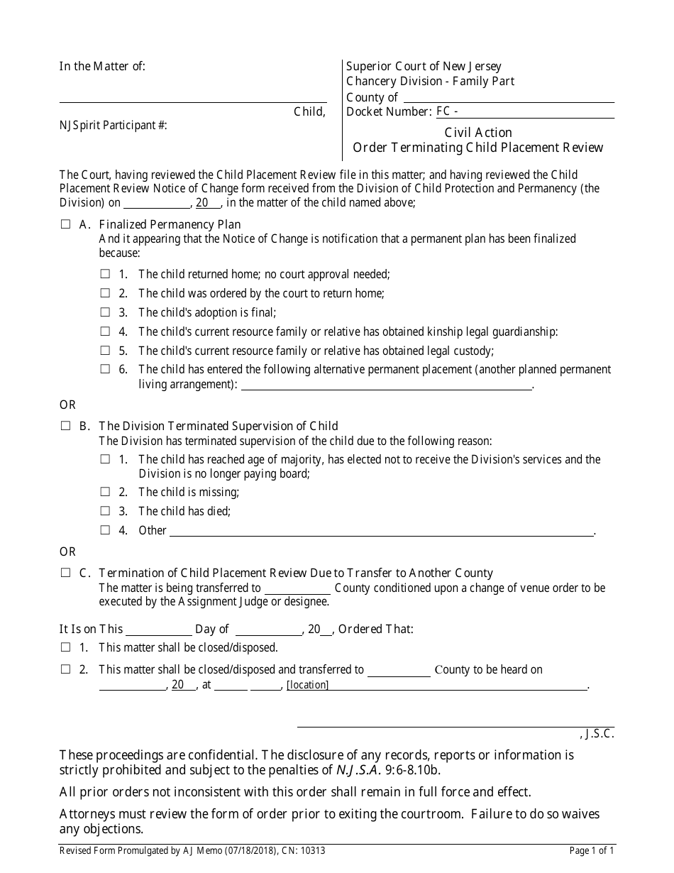 Form CN:10313 Order Terminating Child Placement Review - New Jersey, Page 1