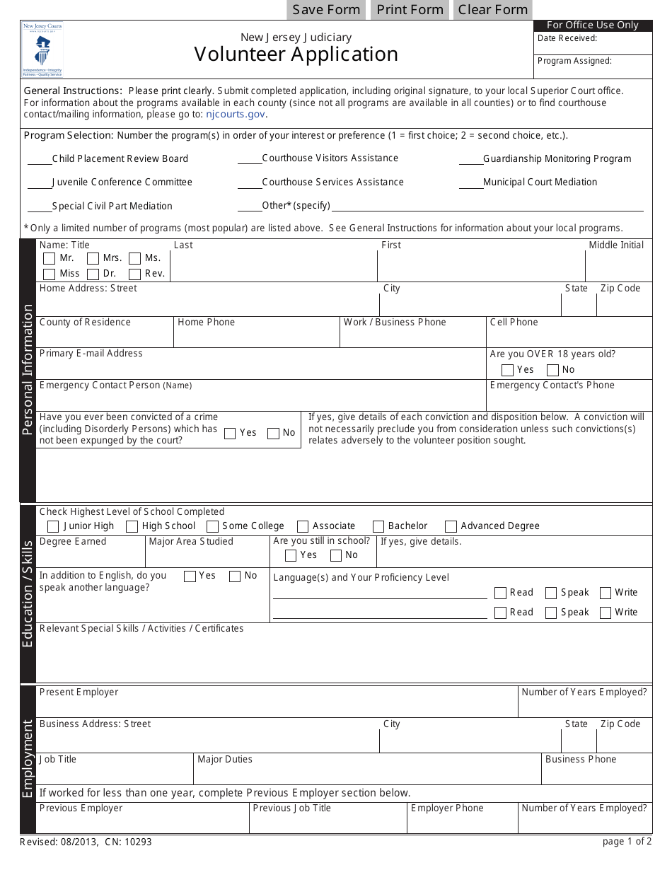 Form CN:10293 Volunteer Application - New Jersey, Page 1