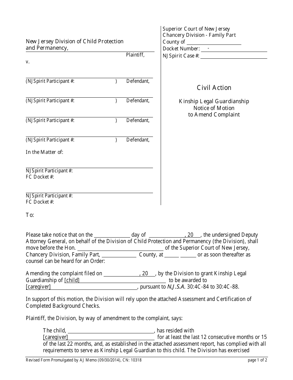 Form 10318 Kinship Legal Guardianship Notice of Motion to Amend Complaint - New Jersey, Page 1