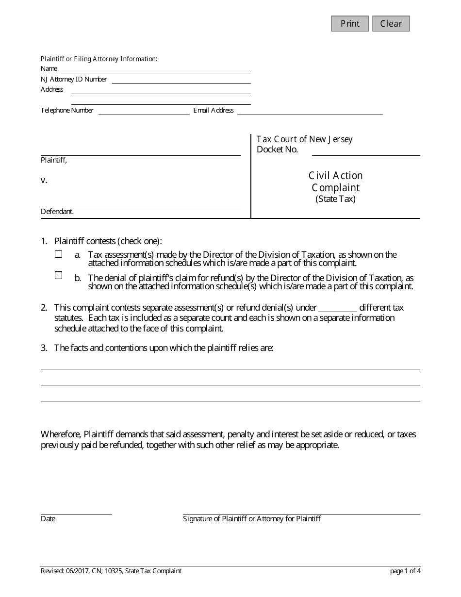 Form 10325 State Tax Complaint - New Jersey, Page 1