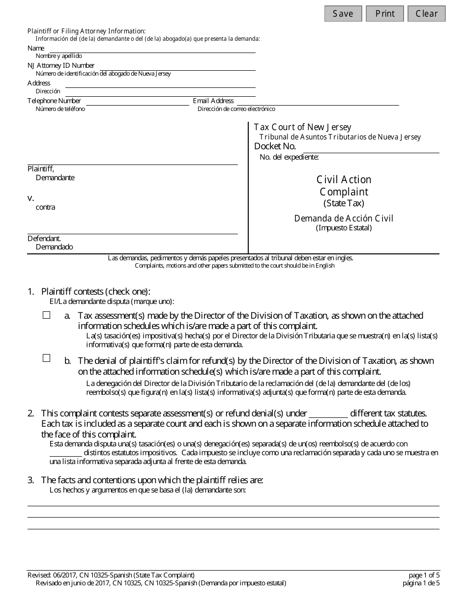 Form 10325 State Tax Complaint - New Jersey (English / Spanish), Page 1