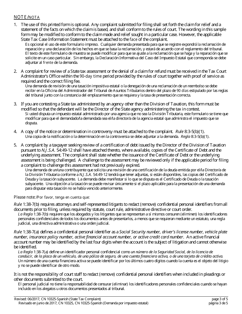 Form 10325 State Tax Complaint - New Jersey (English / Spanish), Page 3