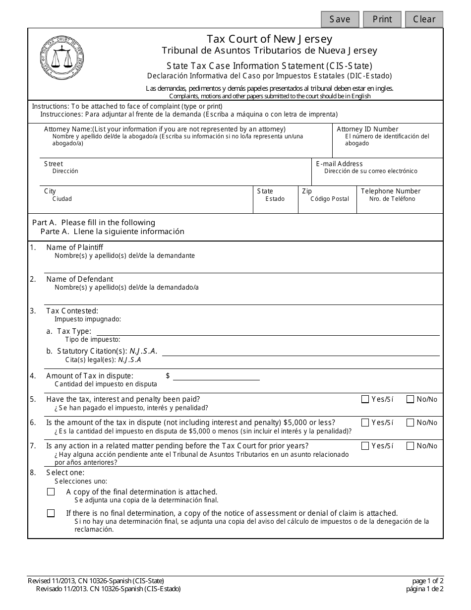 Form 10326 State Tax Case Information Statement (Cis-State) - New Jersey (English / Spanish), Page 1