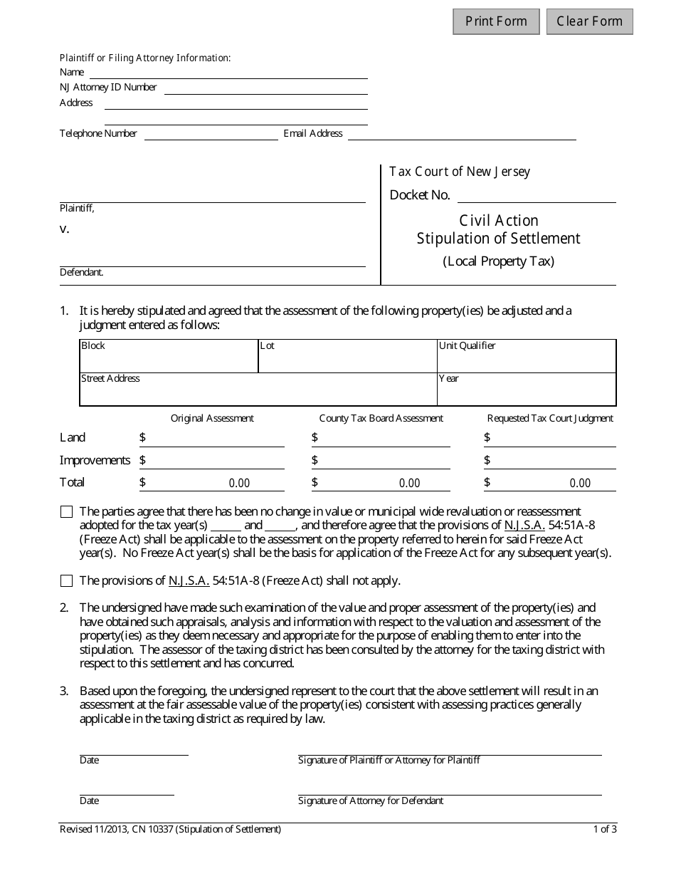 Form 10337 Stipulation of Settlement Form - New Jersey, Page 1