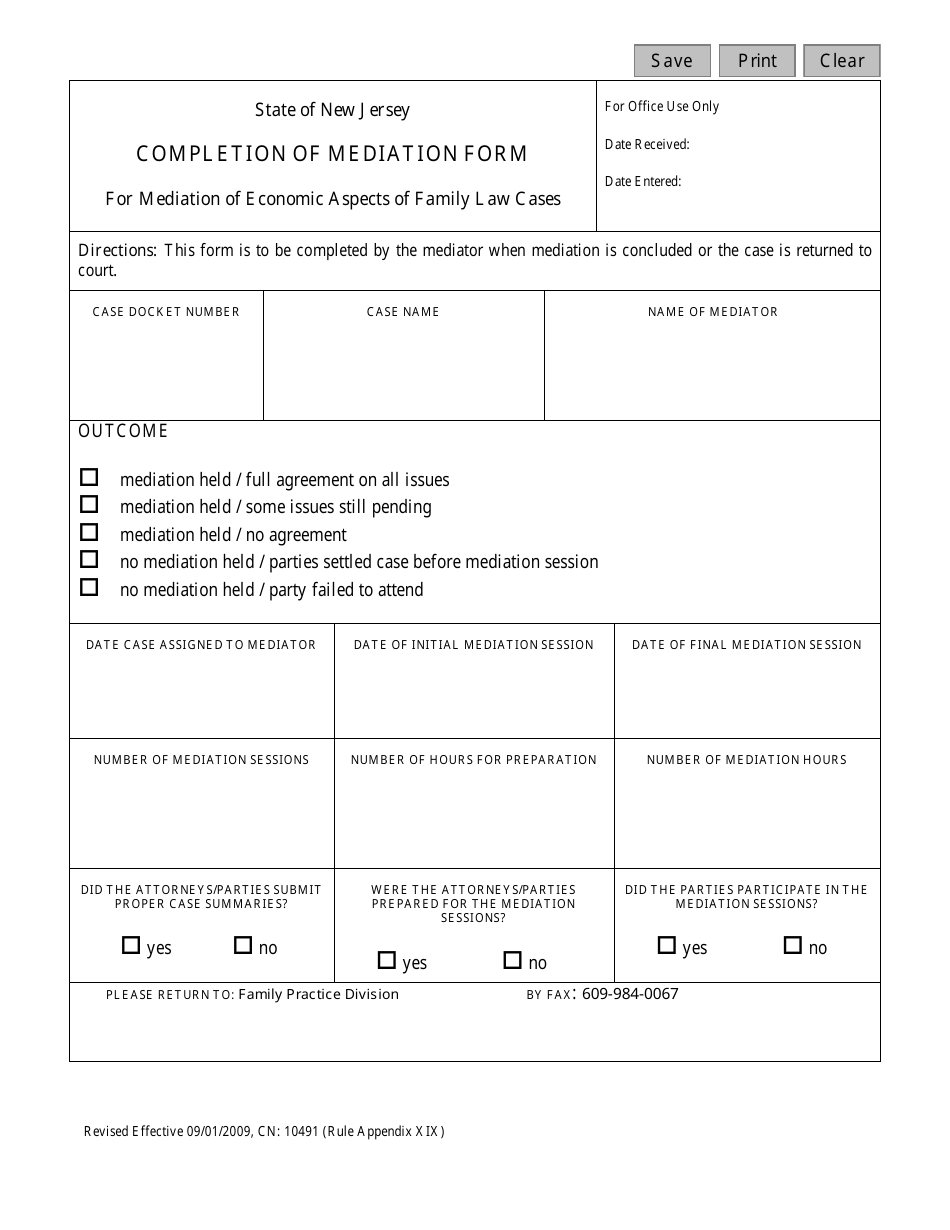 Form CN:10491 Completion of Mediation Form for Mediation of Economic Aspects of Family Law Cases - New Jersey, Page 1