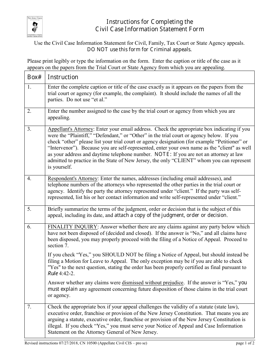 Form 10500 Appendix VII Appellate Civil Case Information Statement - New Jersey, Page 1
