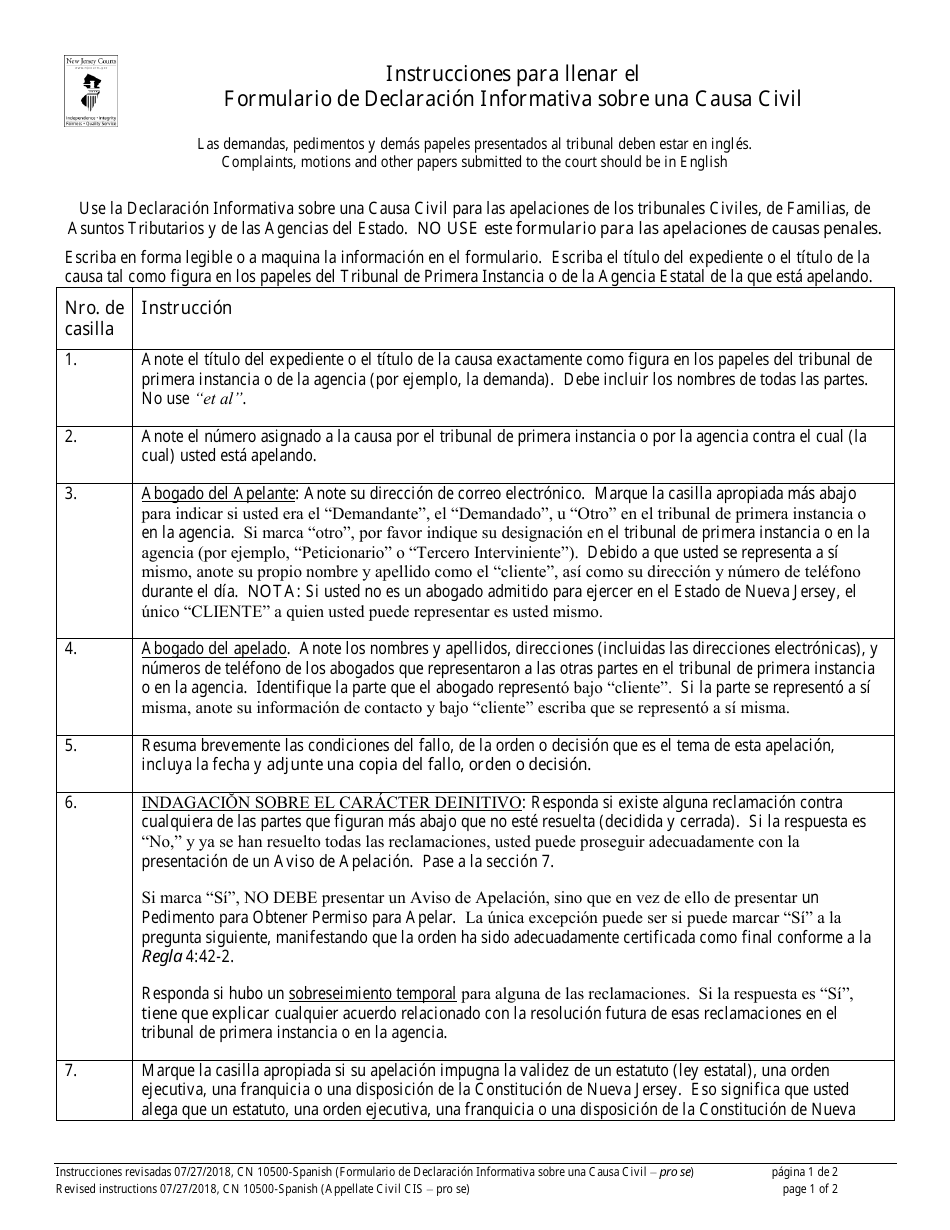 Form 10500 Appendix VII Civil Case Information Statement - New Jersey (English / Spanish), Page 1